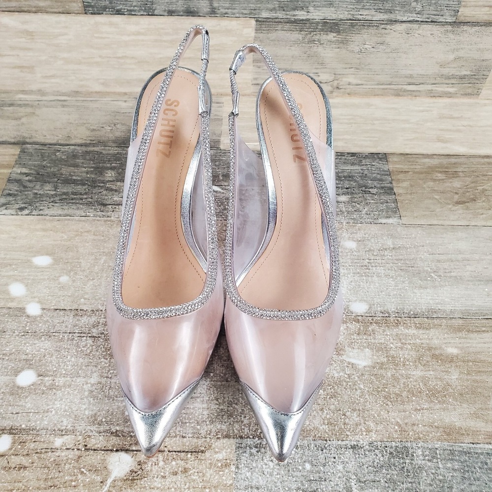 Schutz Audrey Womens Pumps Sz 7.5 B Silver Cristal Leather Slingback High Heels - Picture 2 of 13